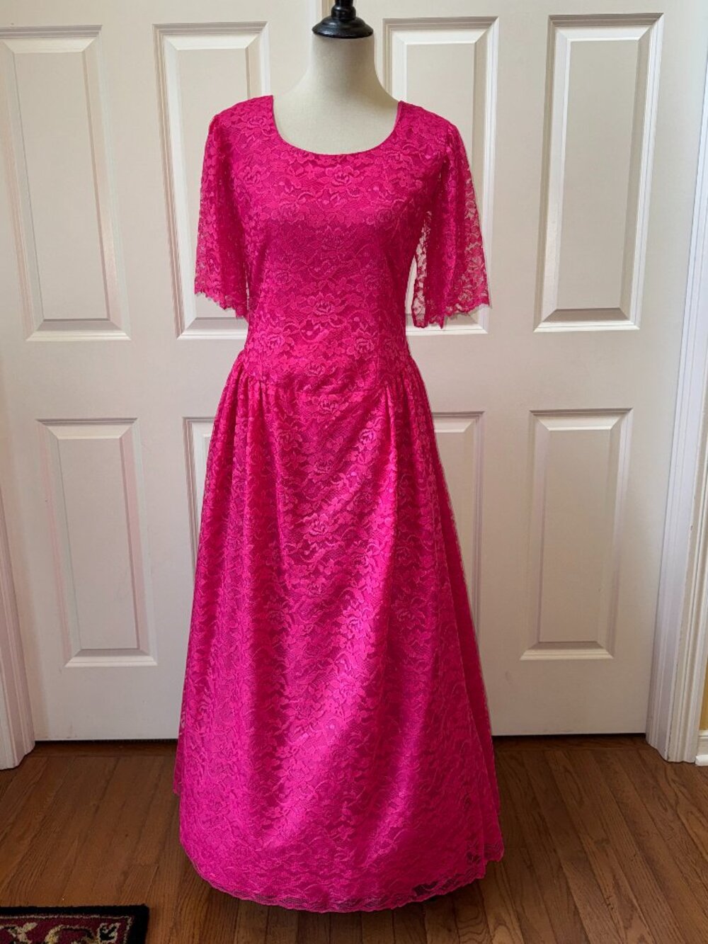 Vintage Retro Handmade Romantic Lace Dress Hot Pink